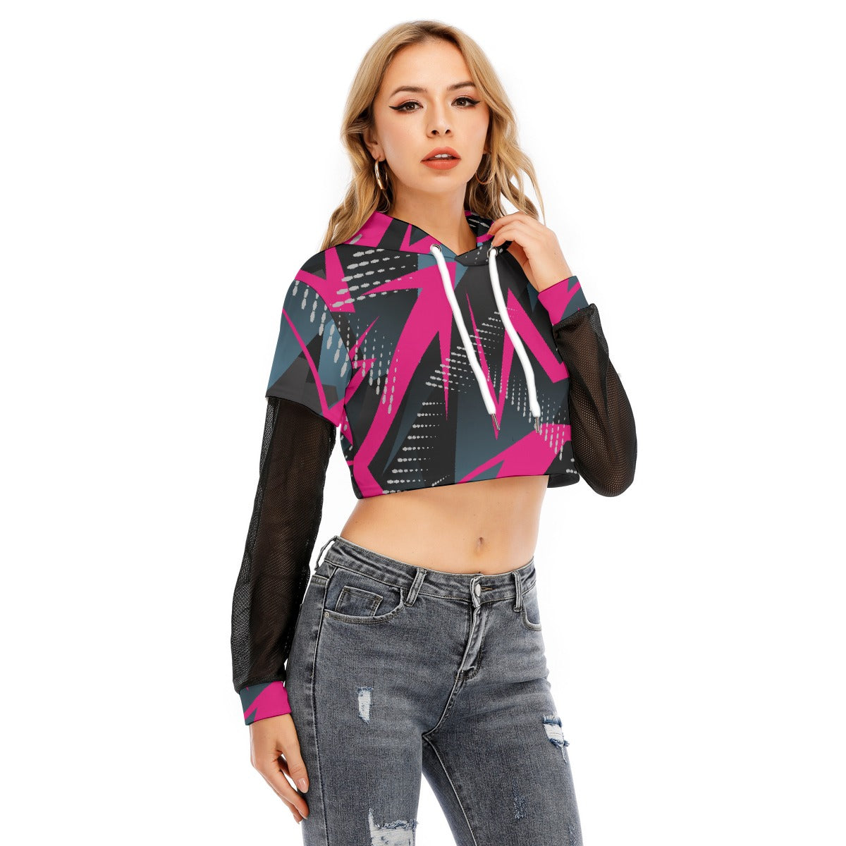 All-Over Print Women's Fake Two-piece Mesh Sleeve Cropped Hoodie