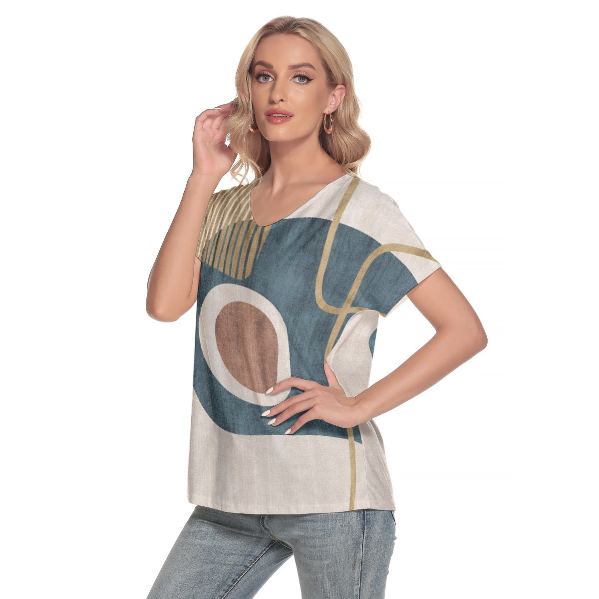 All-Over Print Women's Loose V-neck Short Sleeve T-shirt