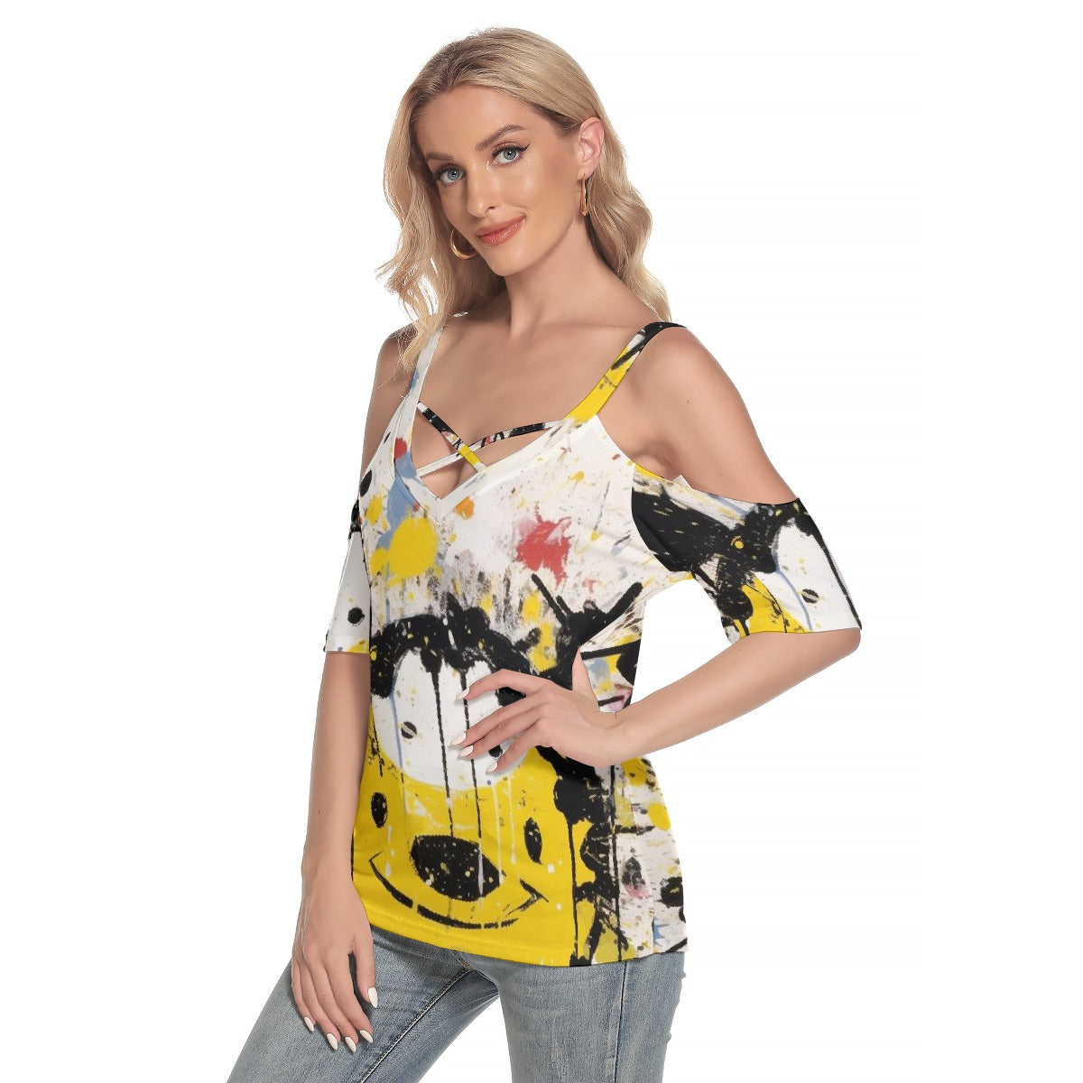 All-Over Print Women's Cold Shoulder T-shirt With Criss Cross Strips