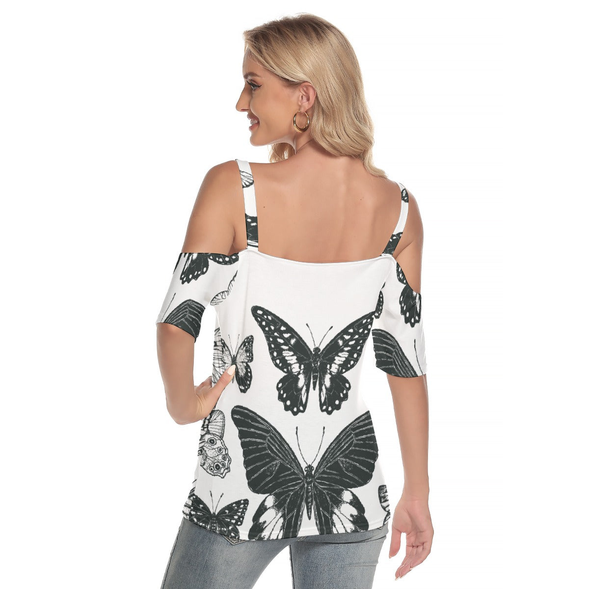 All-Over Print Women's Cold Shoulder T-shirt With Criss Cross Strips