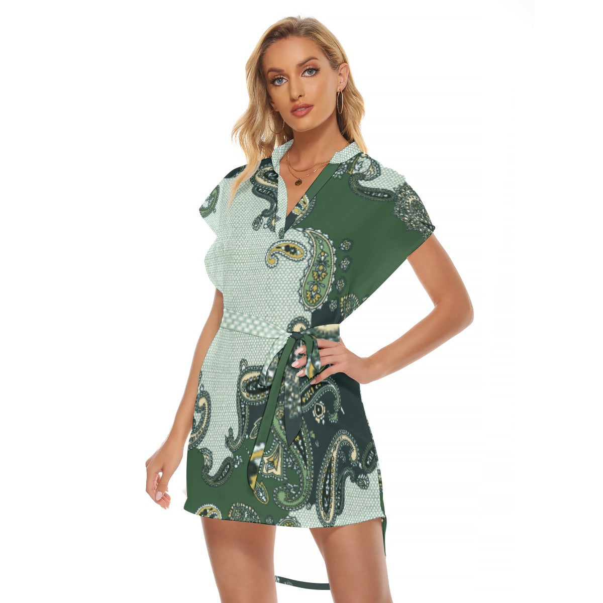 All-Over Print Women's Stand-up Collar Casual Dress With Belt