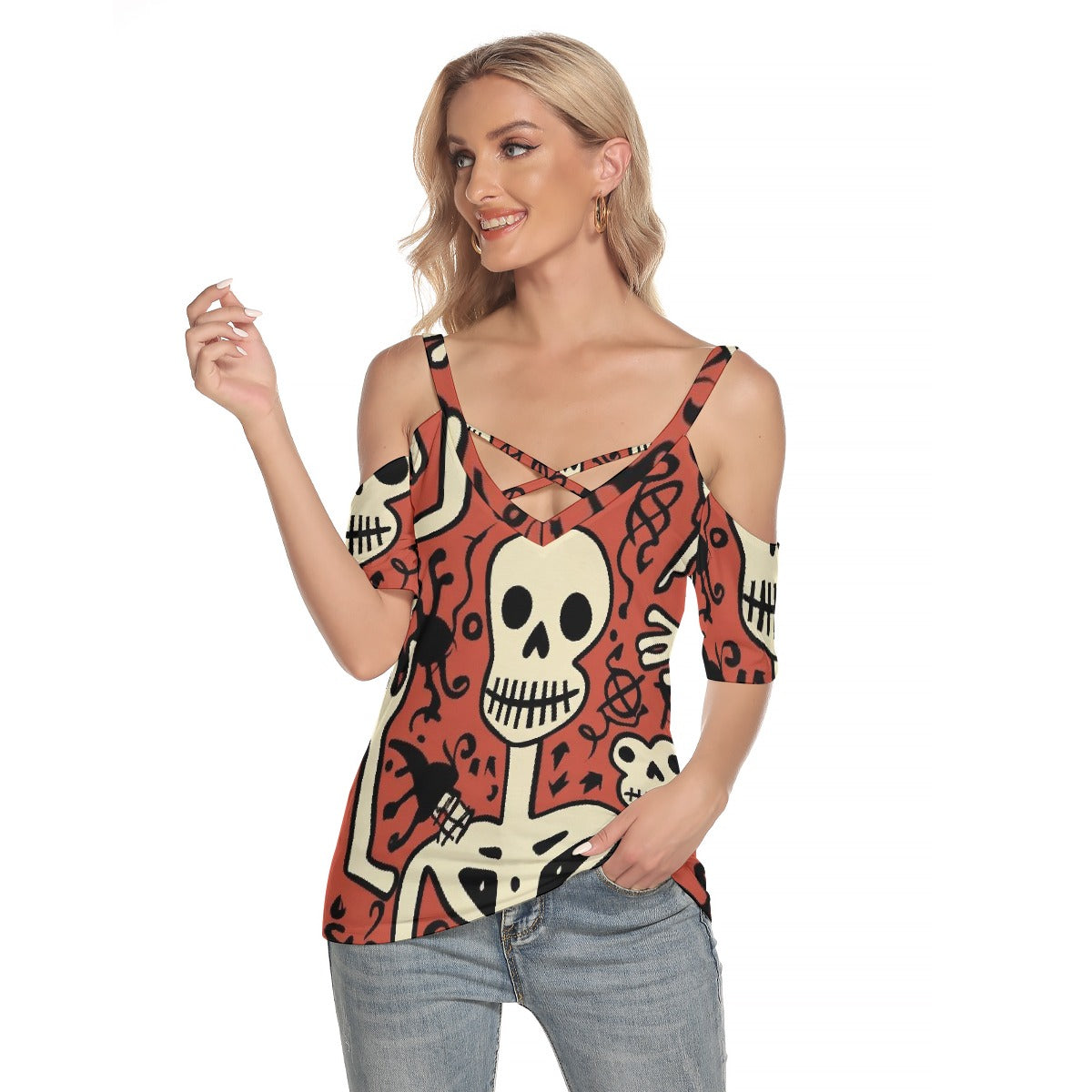 All-Over Print Women's Cold Shoulder T-shirt With Criss Cross Strips