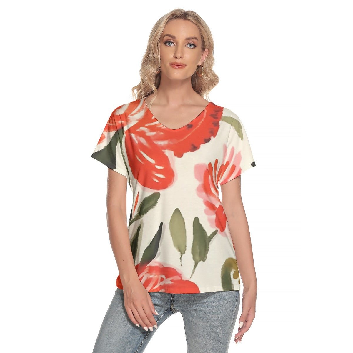 All-Over Print Women's Loose V-neck Short Sleeve T-shirt