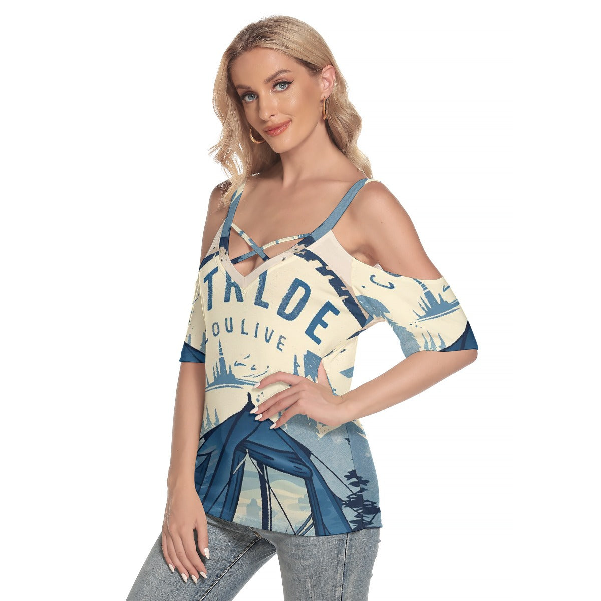 All-Over Print Women's Cold Shoulder T-shirt With Criss Cross Strips