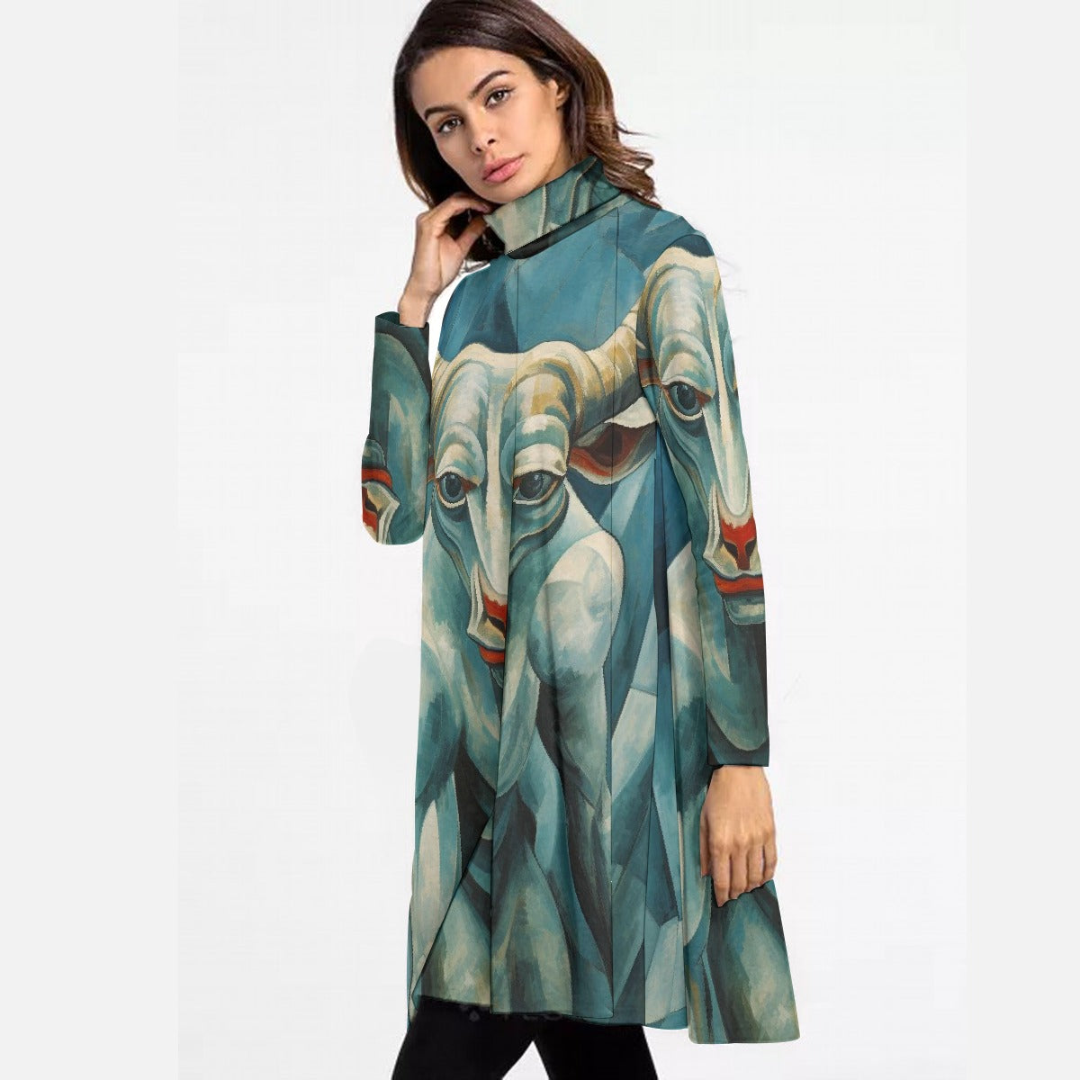 All-Over Print Women's High Neck Dress With Long Sleeve