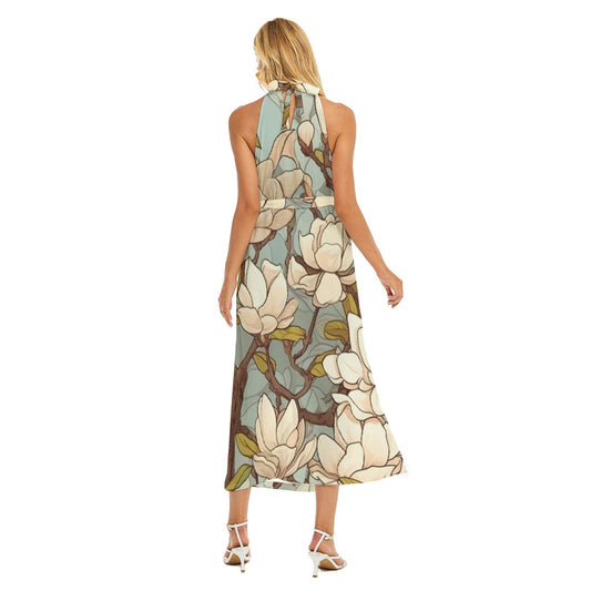 All-Over Print Women's Wrap Hem Belted Halter Dress