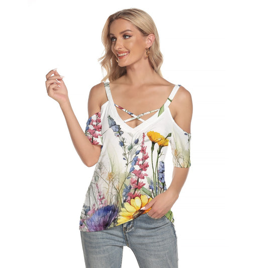 All-Over Print Women's Cold Shoulder T-shirt With Criss Cross Strips