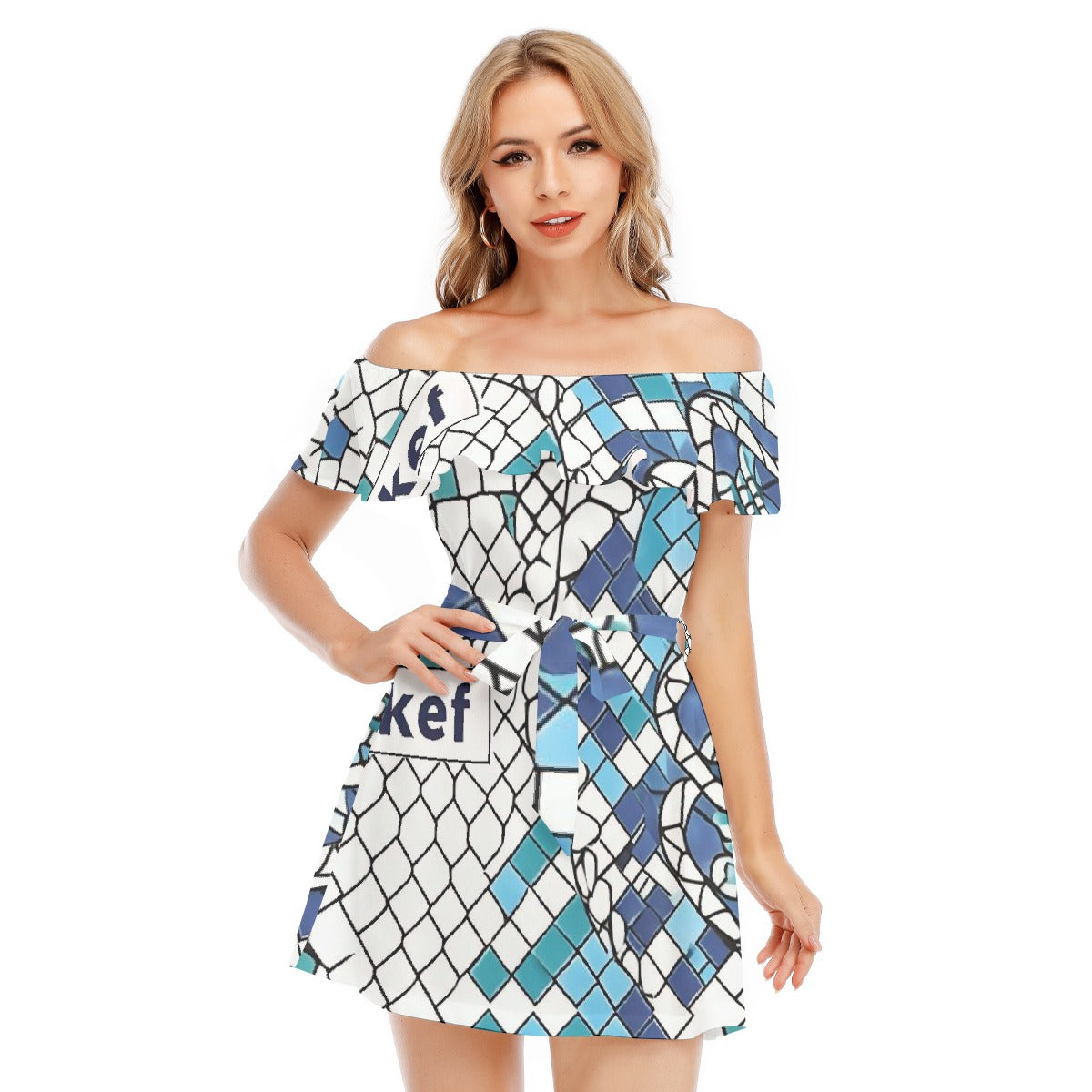 All-Over Print Women's Off-shoulder Dress With Ruffle