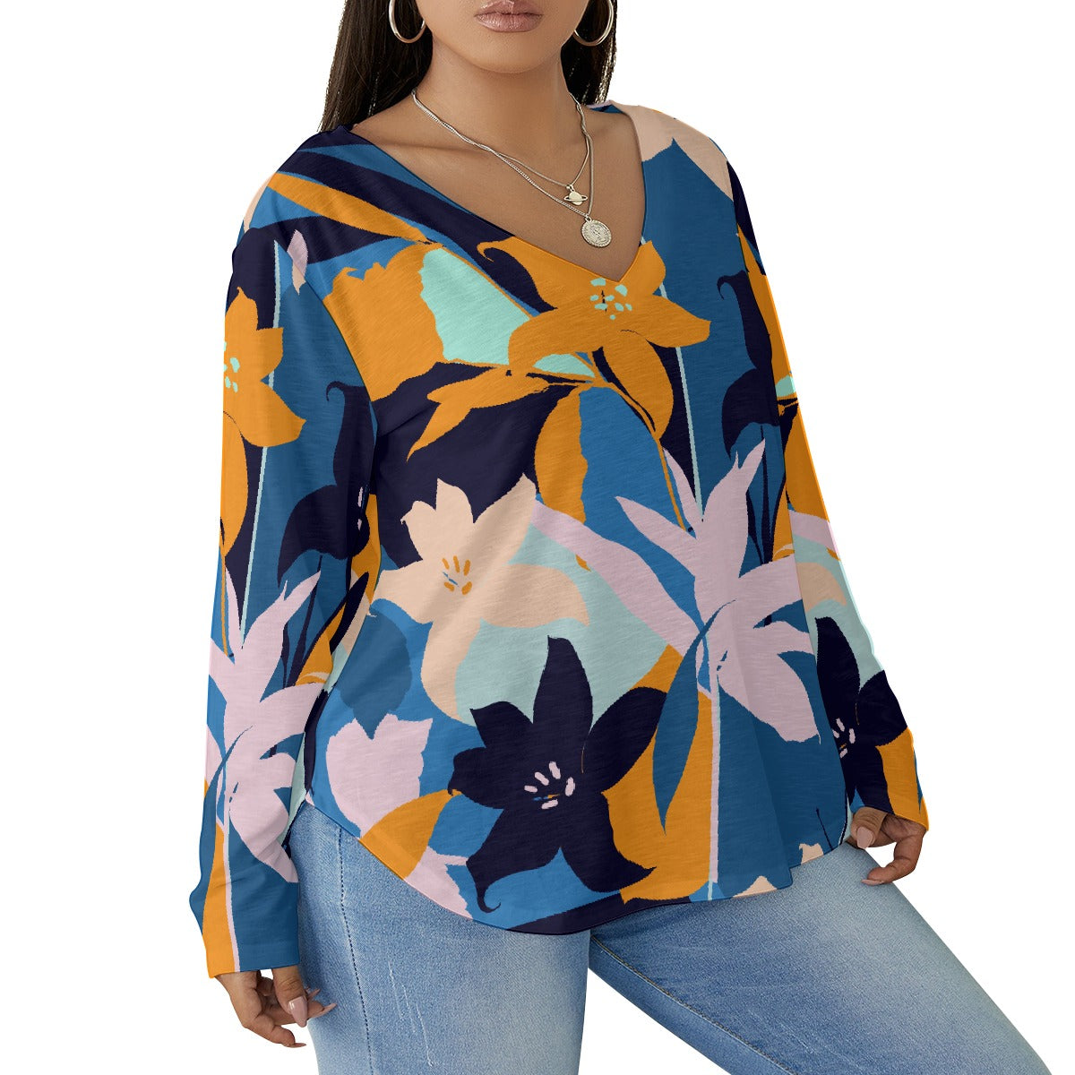 All-Over Print Women's V-neck T-shirt With Curved Hem(Plus Size)