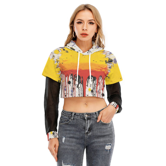 All-Over Print Women's Fake Two-piece Mesh Sleeve Cropped Hoodie