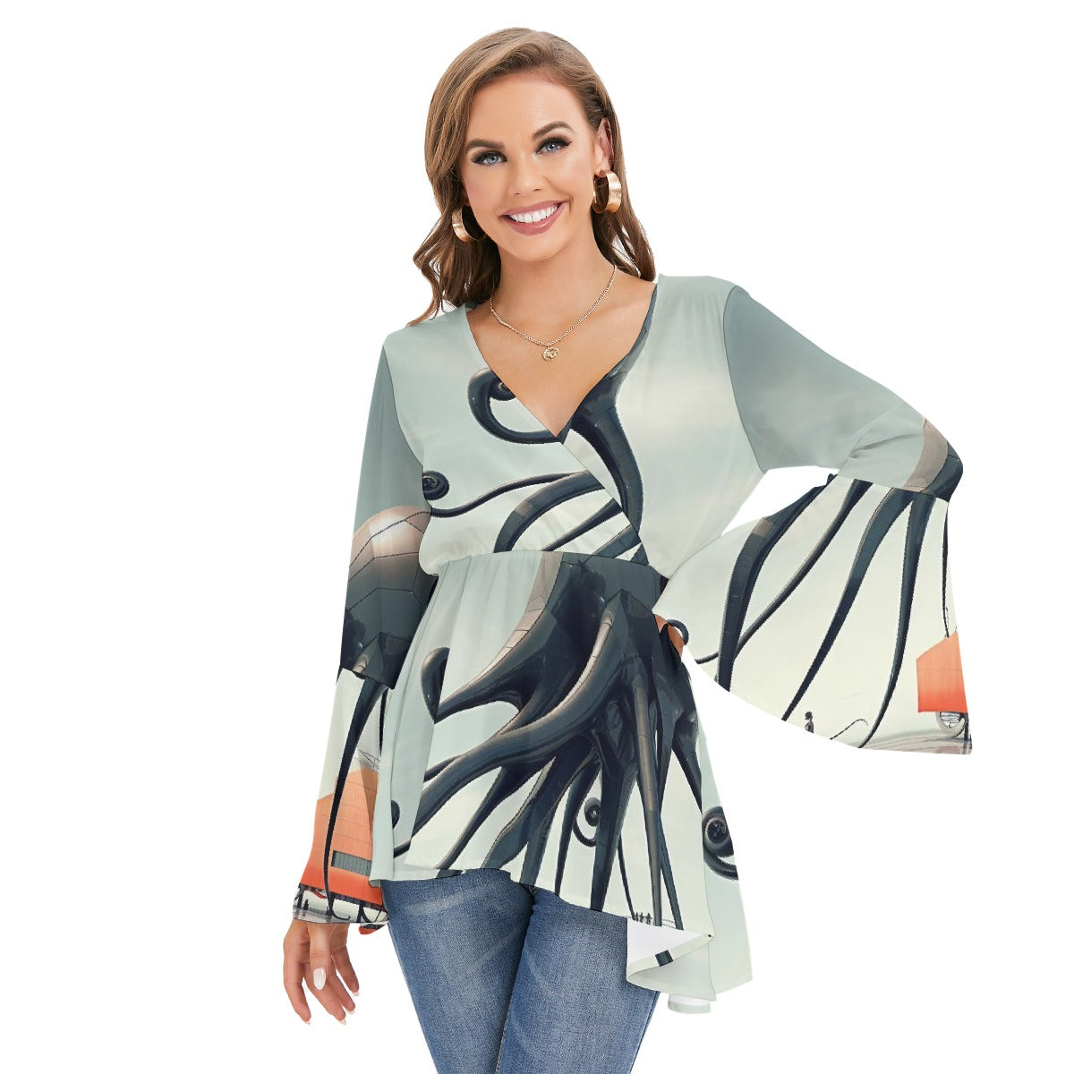 All-Over Print Women's V-neck Blouse With Flared Sleeves