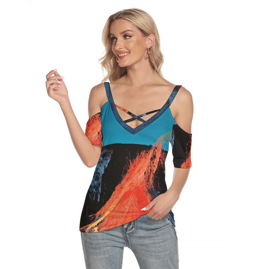 All-Over Print Women's Cold Shoulder T-shirt With Criss Cross Strips