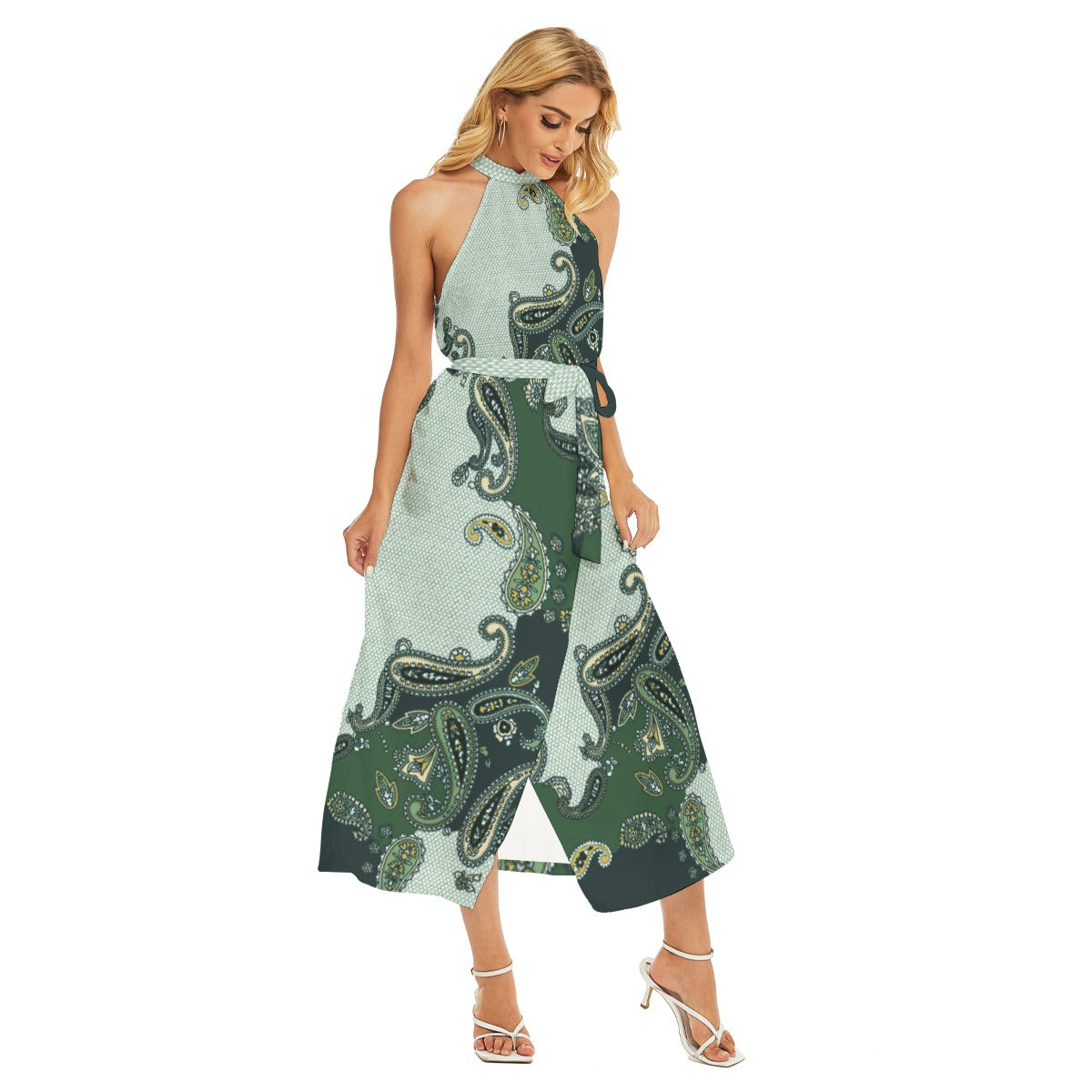 All-Over Print Women's Wrap Hem Belted Halter Dress