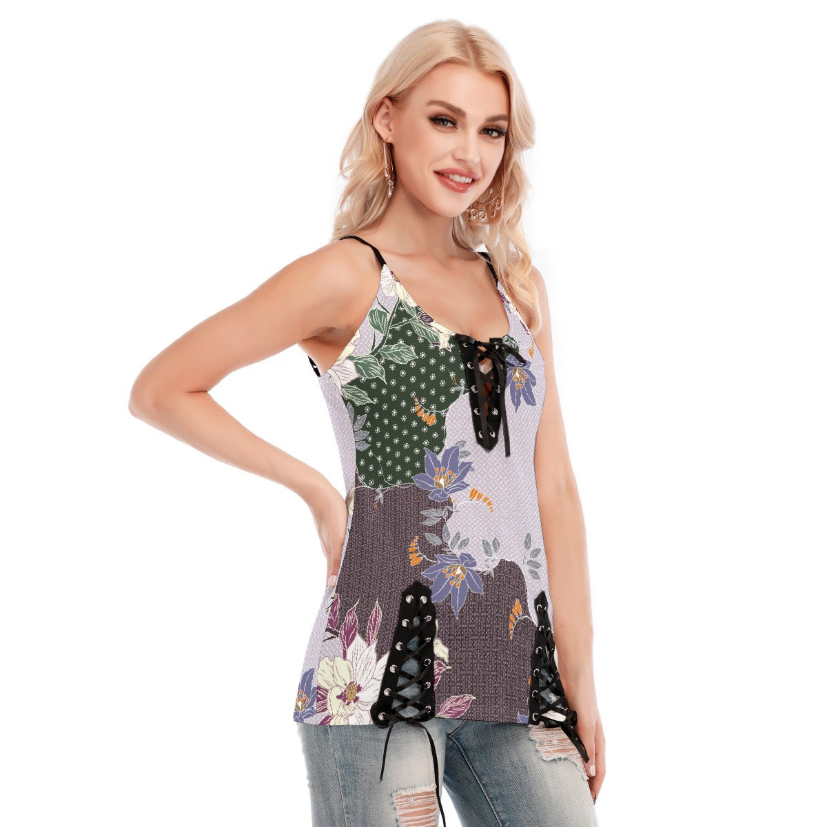 All-Over Print Women's V-neck Eyelet Lace-up Cami Dress