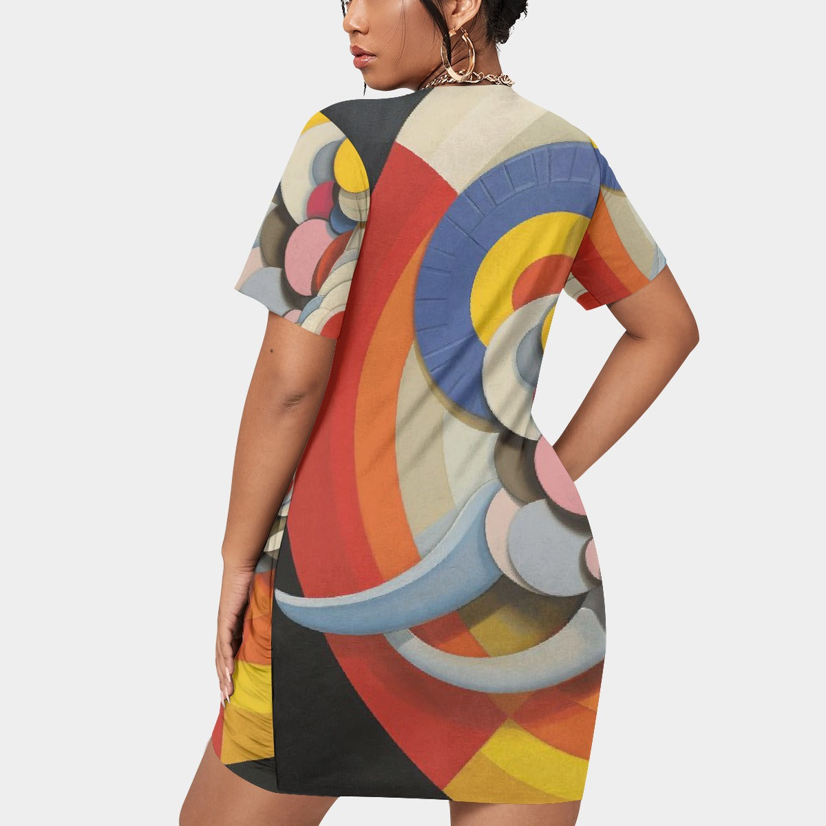 All-Over Print Women’s Stacked Hem Dress With Short Sleeve（Plus Size）