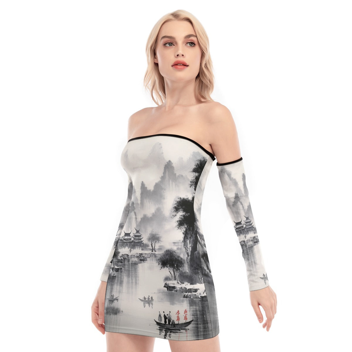 All-Over Print Women's Off-shoulder Back Lace-up Dress