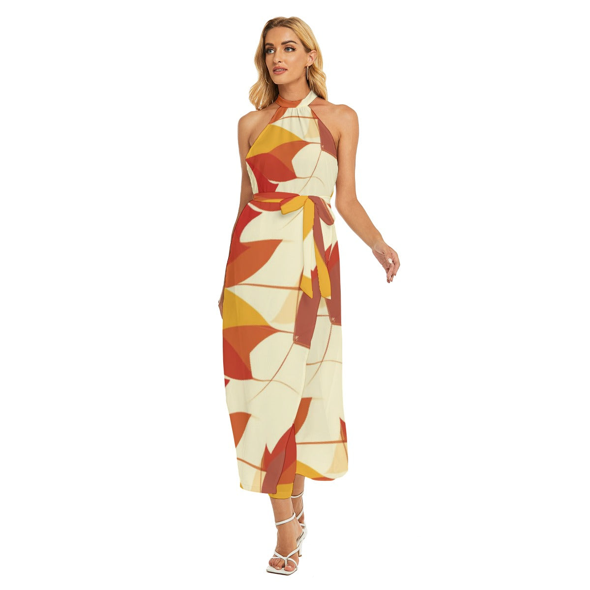 All-Over Print Women's Wrap Hem Belted Halter Dress