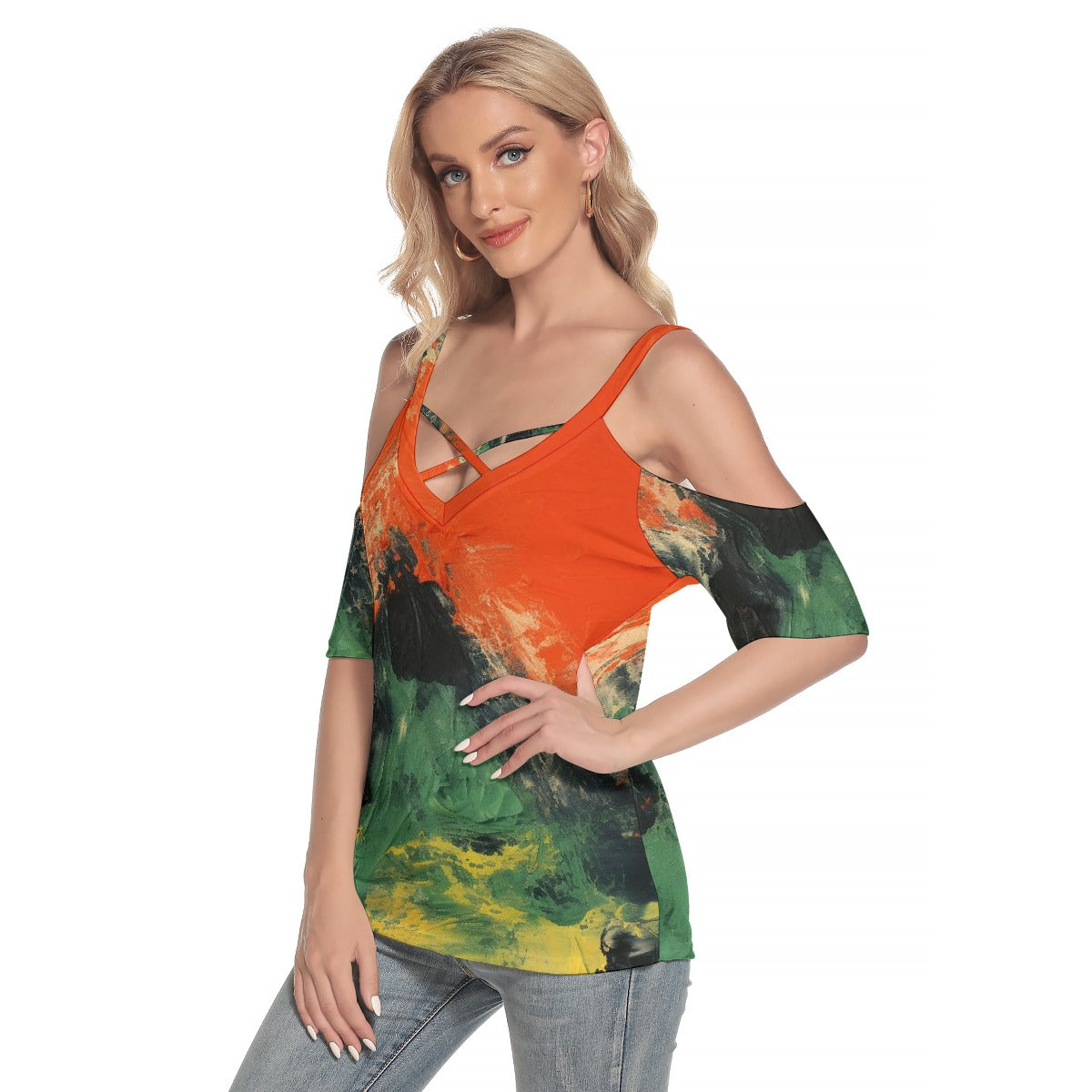 All-Over Print Women's Cold Shoulder T-shirt With Criss Cross Strips