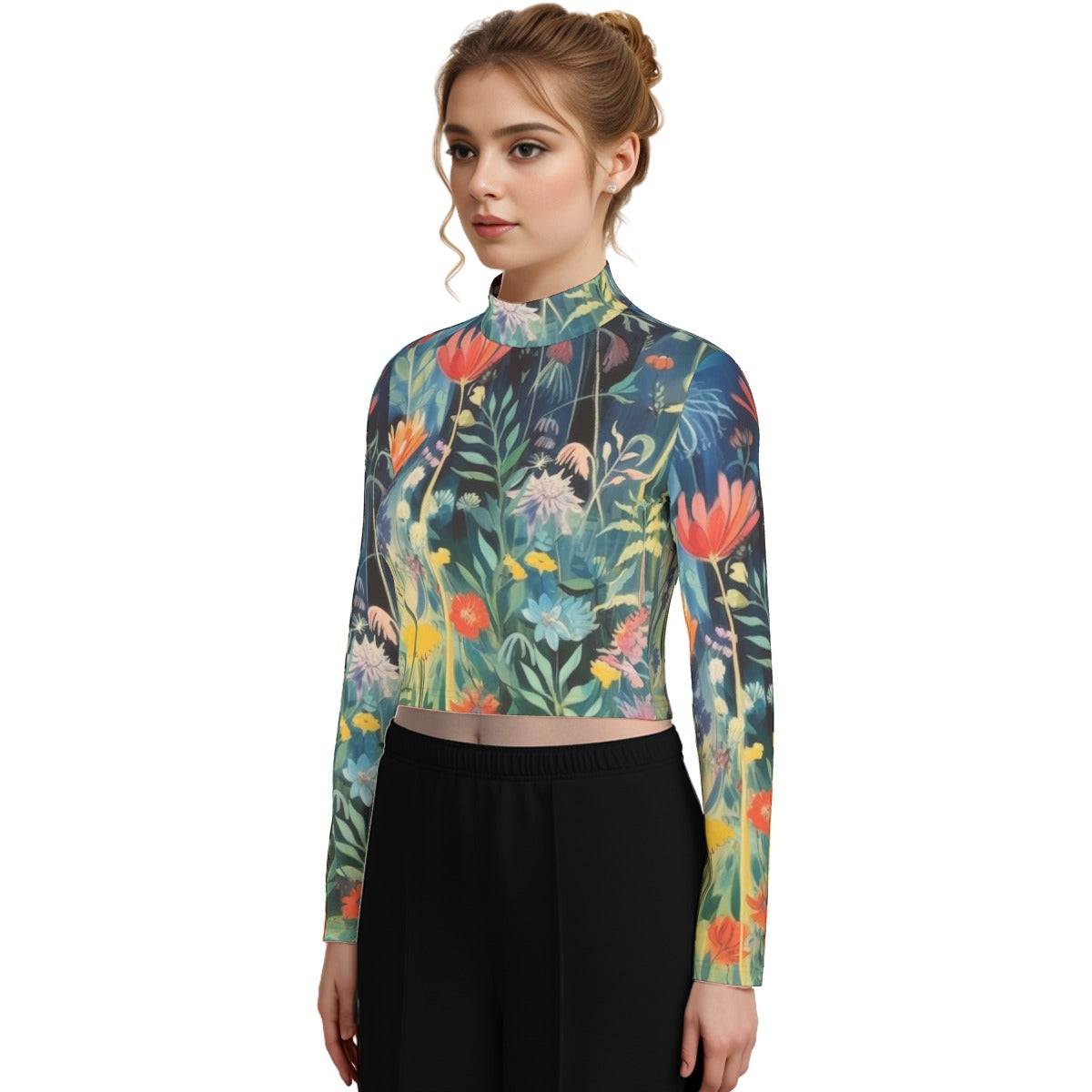 Eco-Friendly All-Over Print Women's Turtleneck T-shirt With Long Sleeve