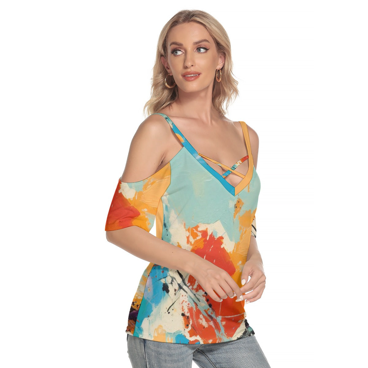 All-Over Print Women's Cold Shoulder T-shirt With Criss Cross Strips