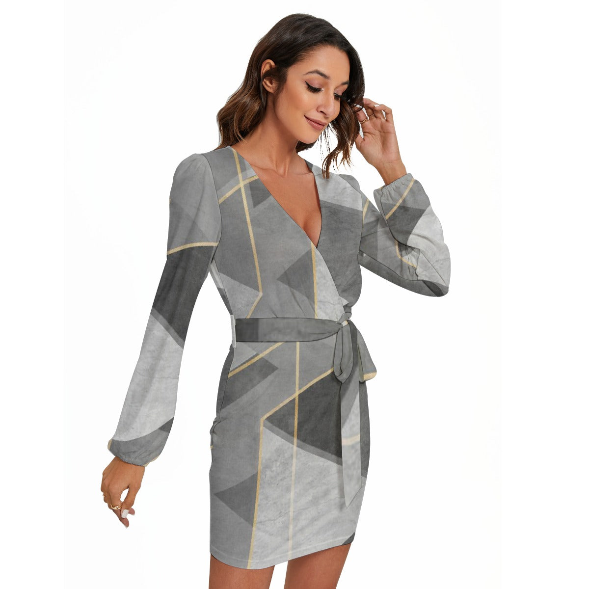 All-Over Print Women's Long Sleeve Dress With Waist Belt