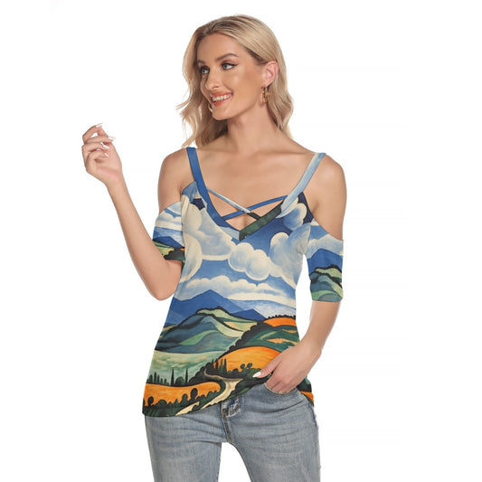 All-Over Print Women's Cold Shoulder T-shirt With Criss Cross Strips