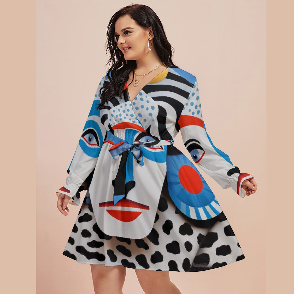 All-Over Print Women's V-neck Dress With Waistband(Plus Size)