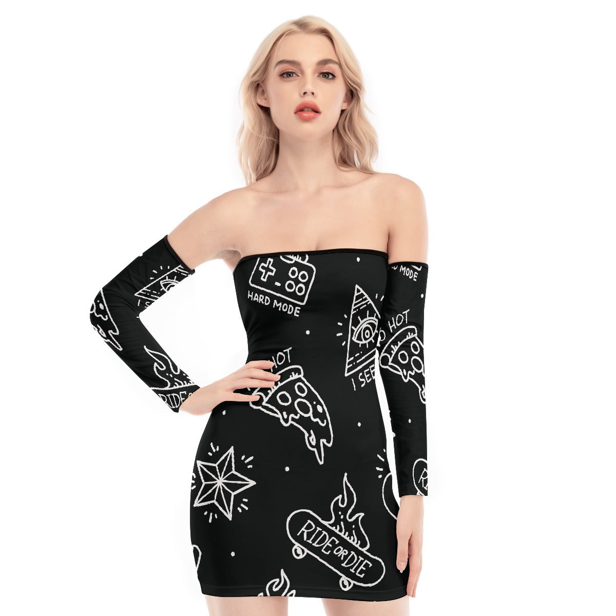 All-Over Print Women's Off-shoulder Back Lace-up Dress