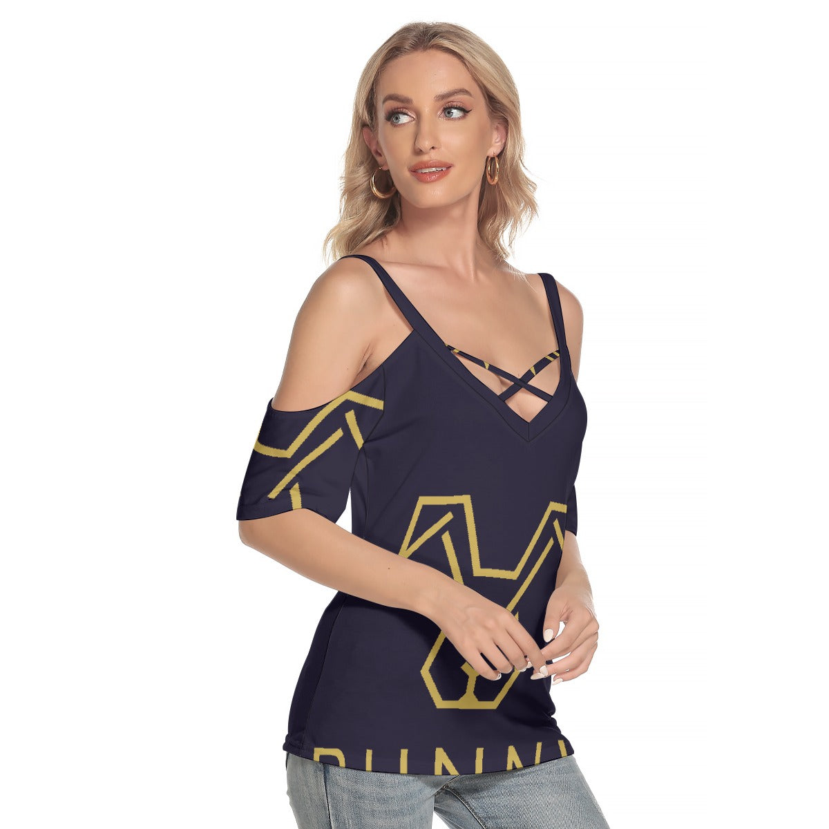 All-Over Print Women's Cold Shoulder T-shirt With Criss Cross Strips