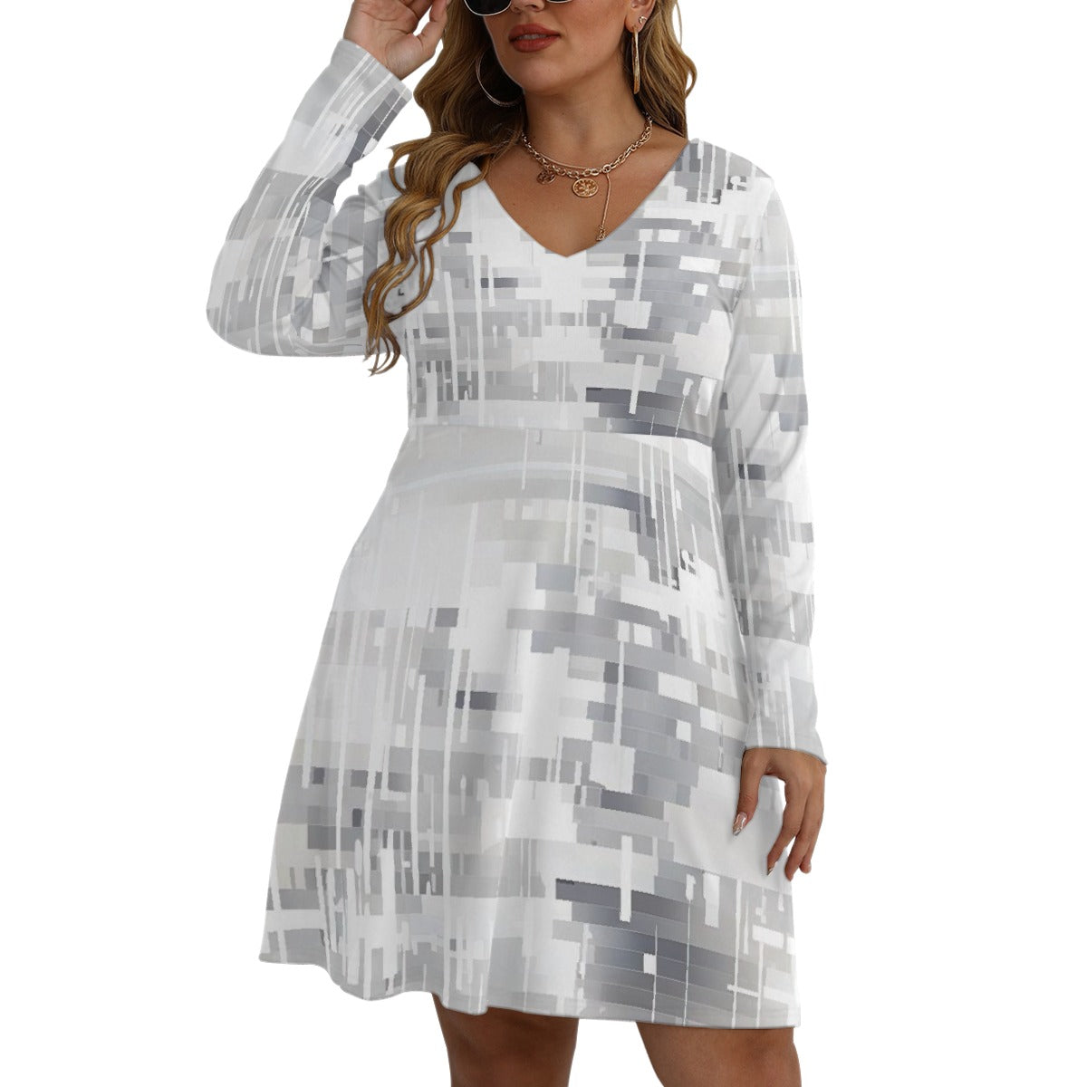 All-Over Print Women's V-neck Long Sleeve Dress(Plus Size)