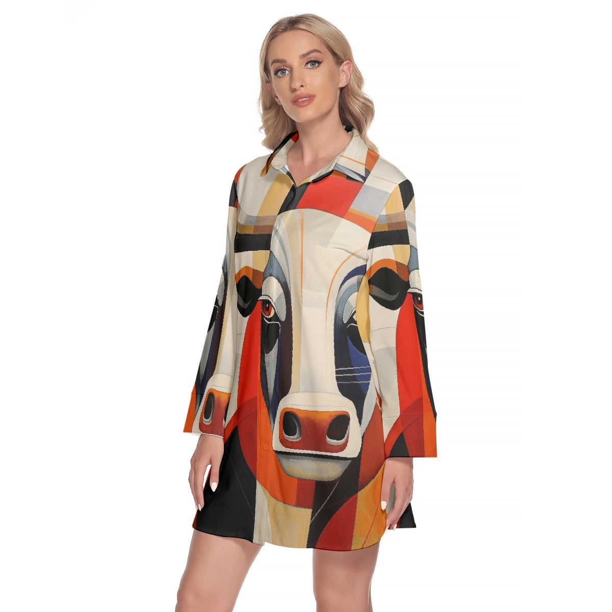 All-Over Print Women's Lapel Shirt Dress With Long Sleeve