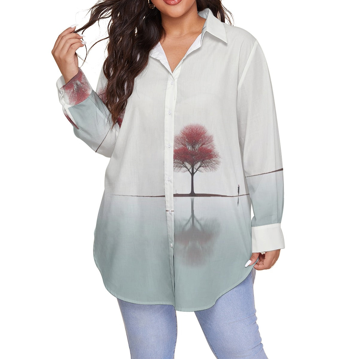 All-Over Print Women's Shirt With Long Sleeve(Plus Size)