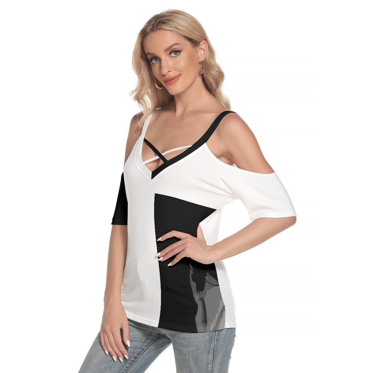 All-Over Print Women's Cold Shoulder T-shirt With Criss Cross Strips