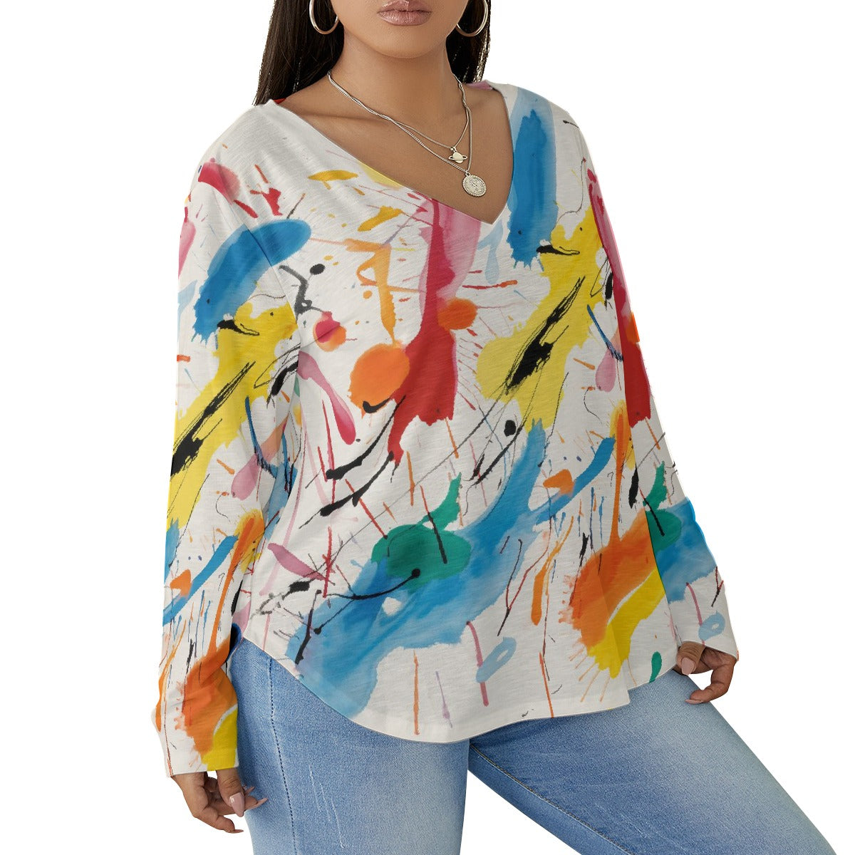 All-Over Print Women's V-neck T-shirt With Curved Hem(Plus Size)