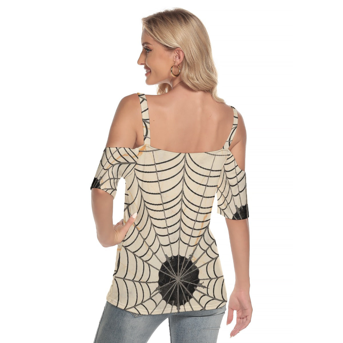 All-Over Print Women's Cold Shoulder T-shirt With Criss Cross Strips