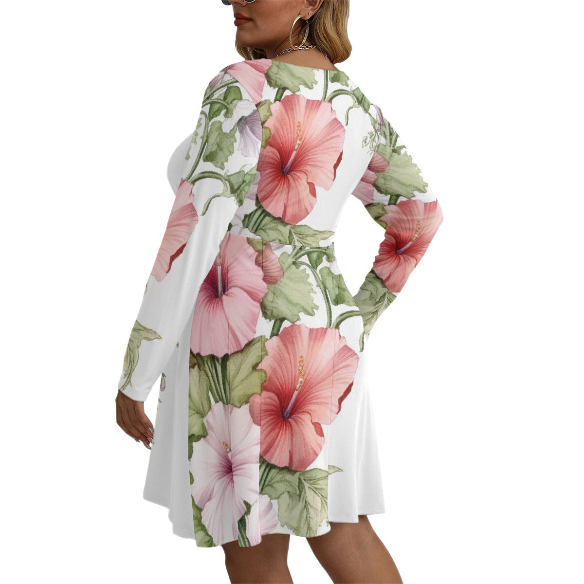 All-Over Print Women's V-neck Long Sleeve Dress(Plus Size)