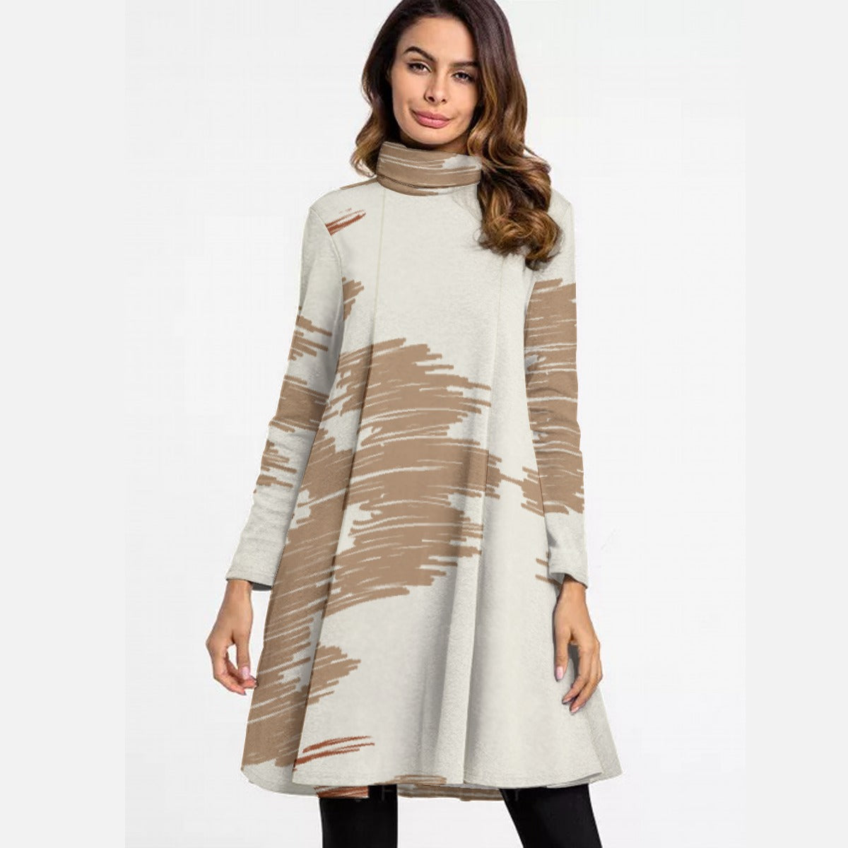 All-Over Print Women's High Neck Dress With Long Sleeve