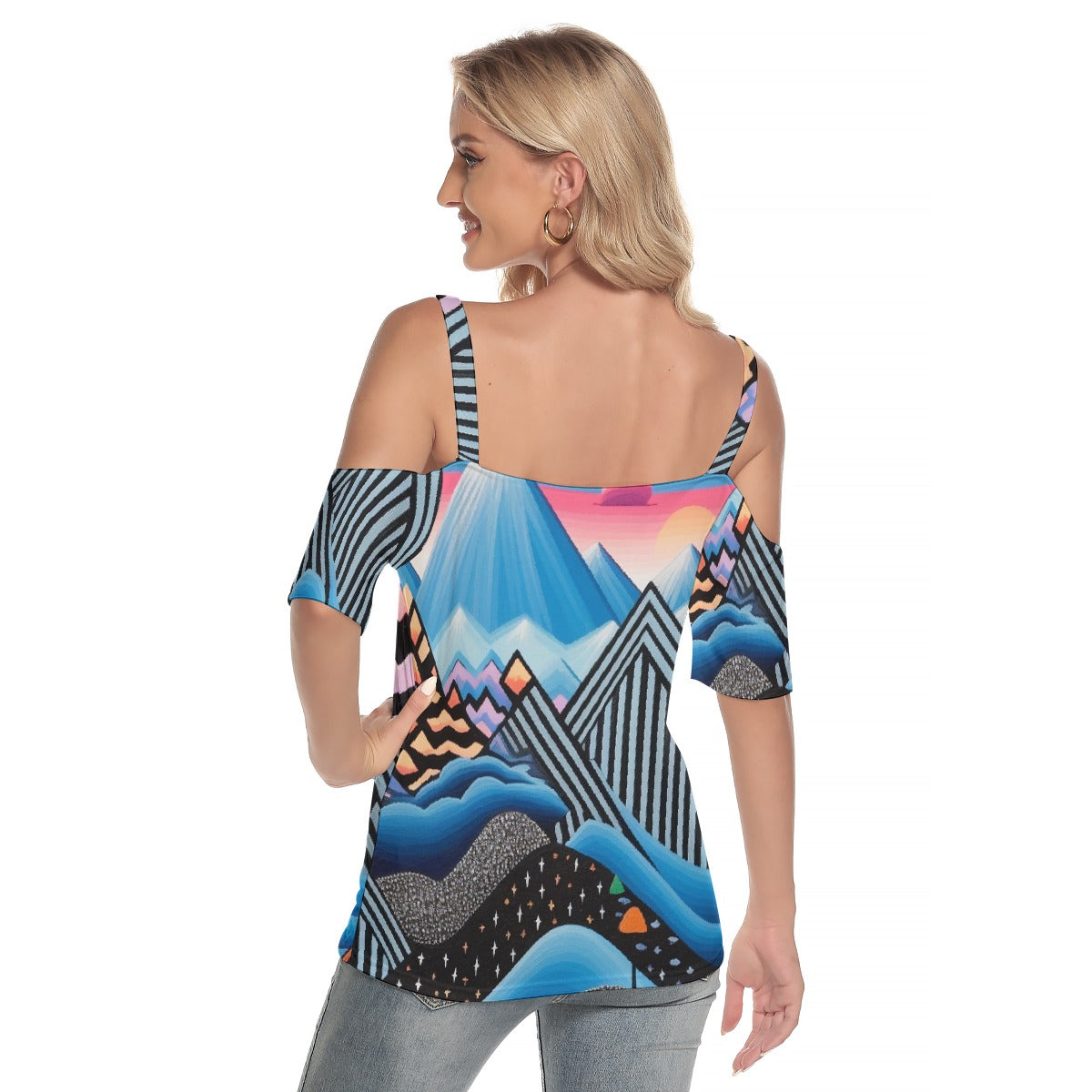 All-Over Print Women's Cold Shoulder T-shirt With Criss Cross Strips