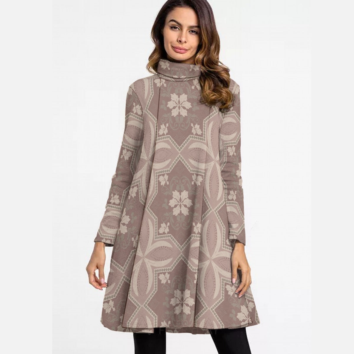 All-Over Print Women's High Neck Dress With Long Sleeve