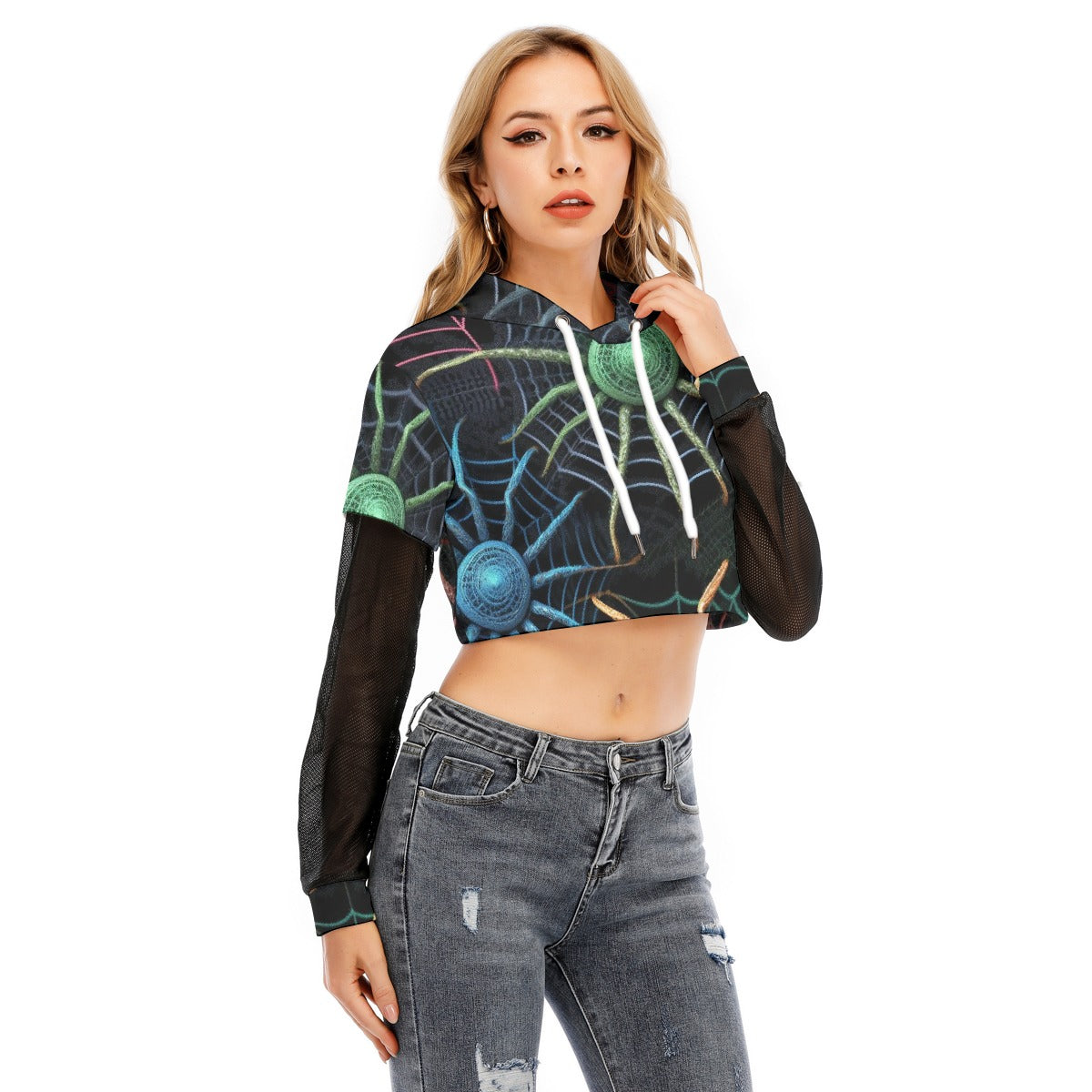 All-Over Print Women's Fake Two-piece Mesh Sleeve Cropped Hoodie