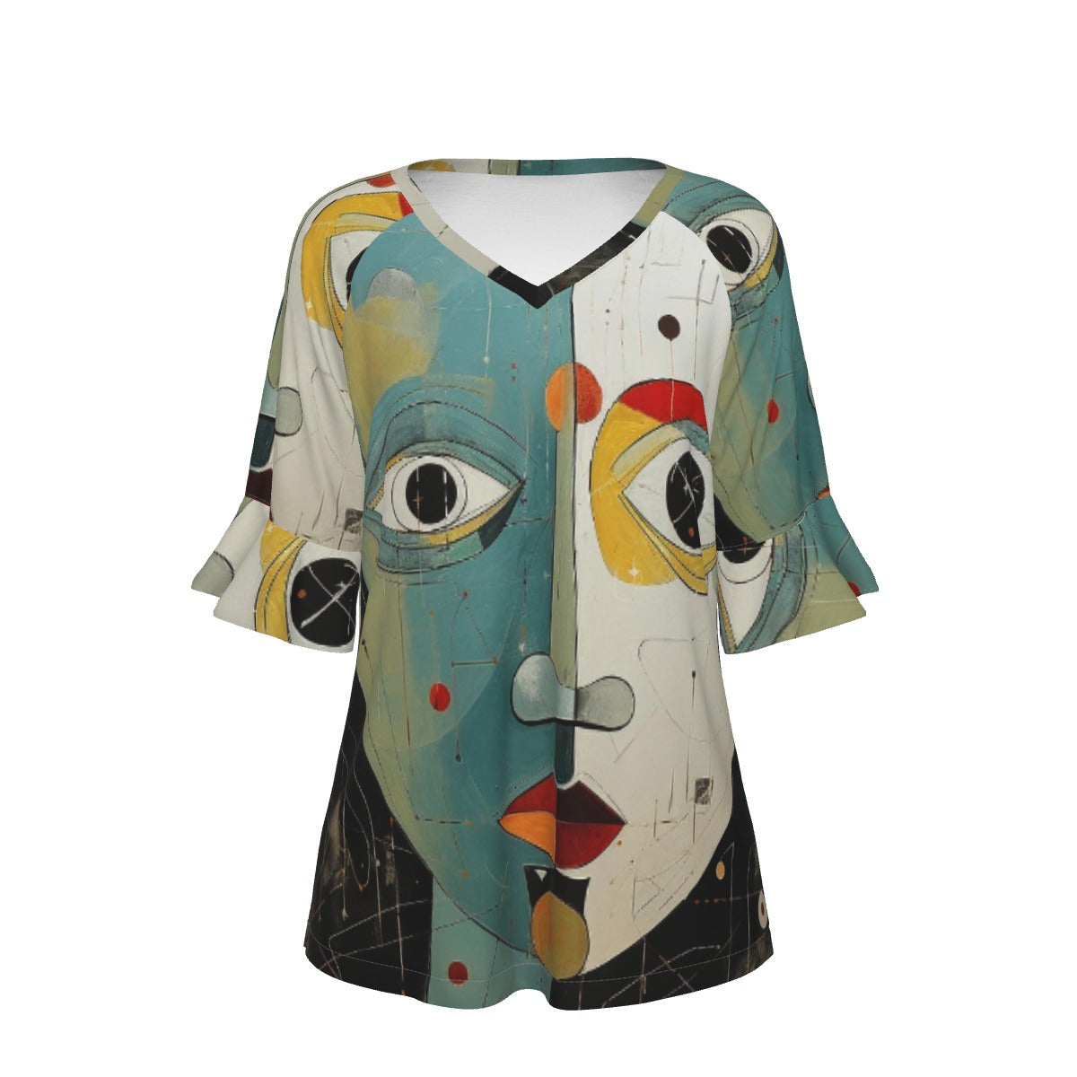 All-Over Print V-neck Women's T-shirt With Bell Sleeve