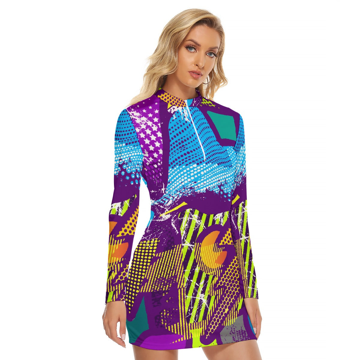 All-Over Print Women's Zip Front Tight Dress