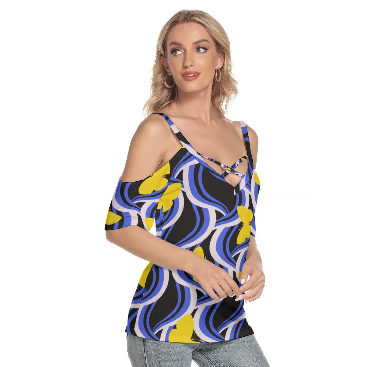 All-Over Print Women's Cold Shoulder T-shirt With Criss Cross Strips