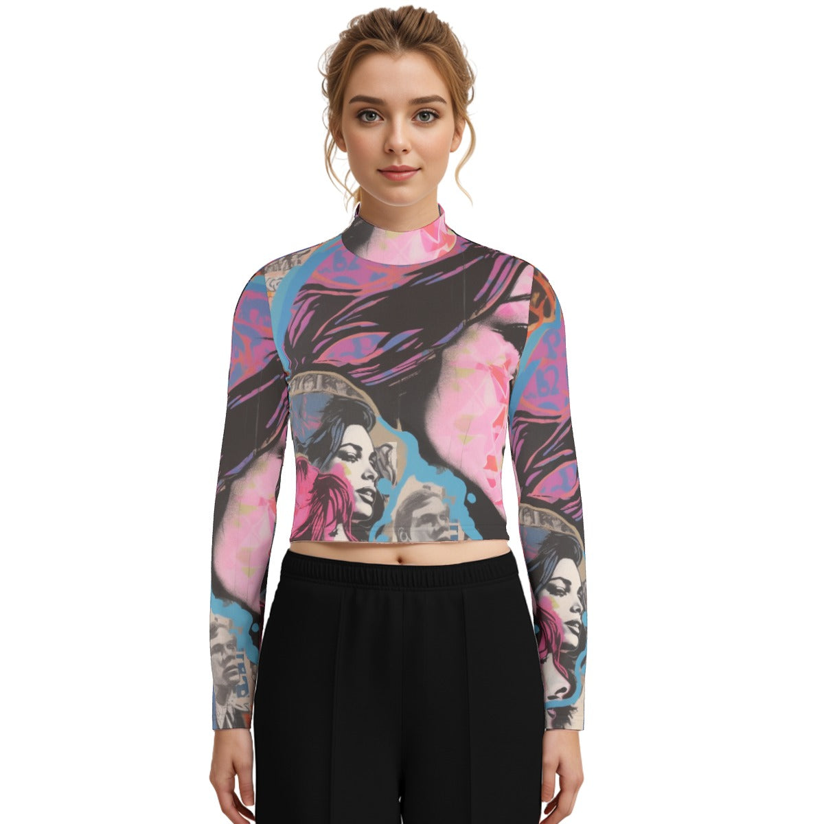 Eco-Friendly All-Over Print Women's Turtleneck T-shirt With Long Sleeve