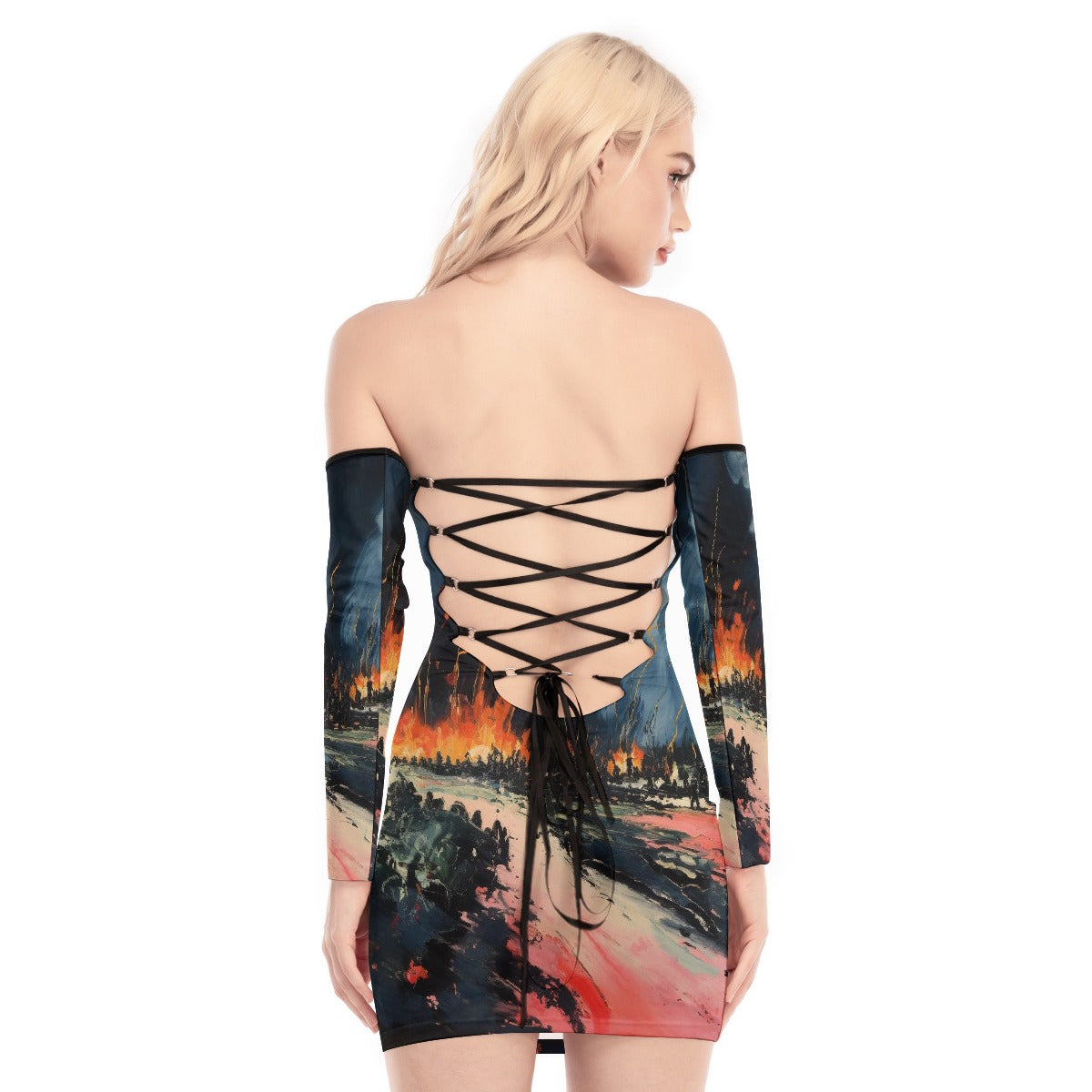 All-Over Print Women's Off-shoulder Back Lace-up Dress