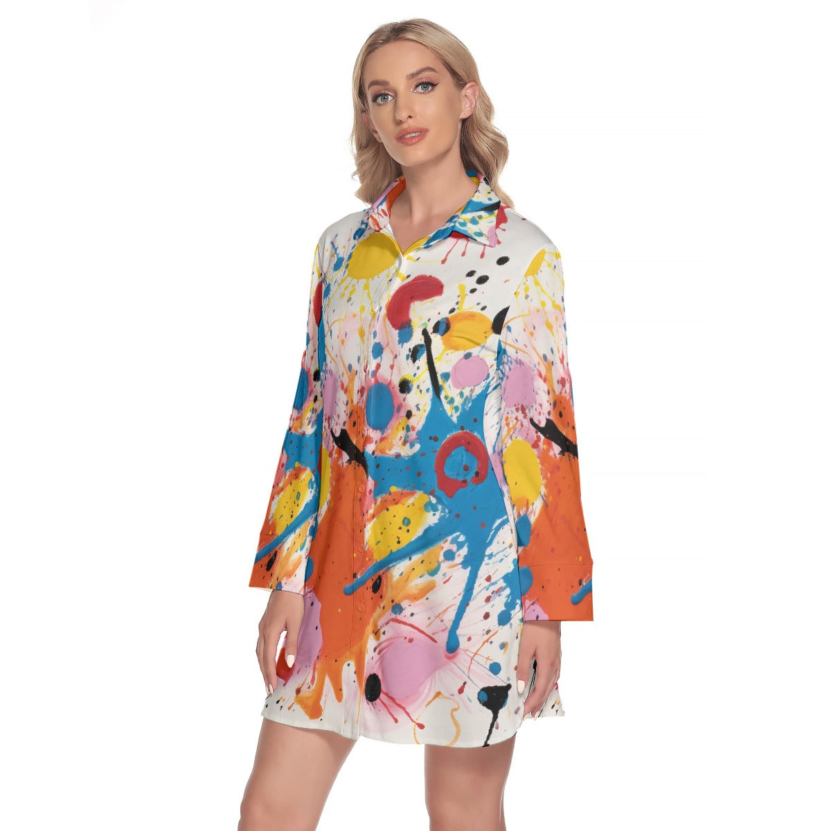 All-Over Print Women's Lapel Shirt Dress With Long Sleeve