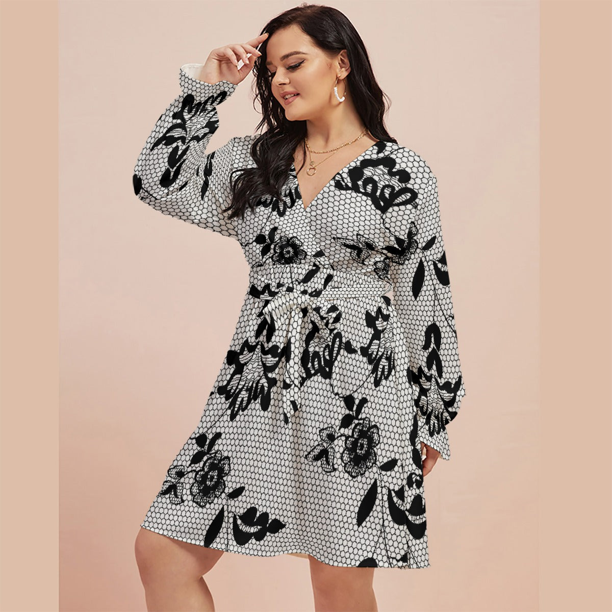 All-Over Print Women's V-neck Dress With Waistband(Plus Size)