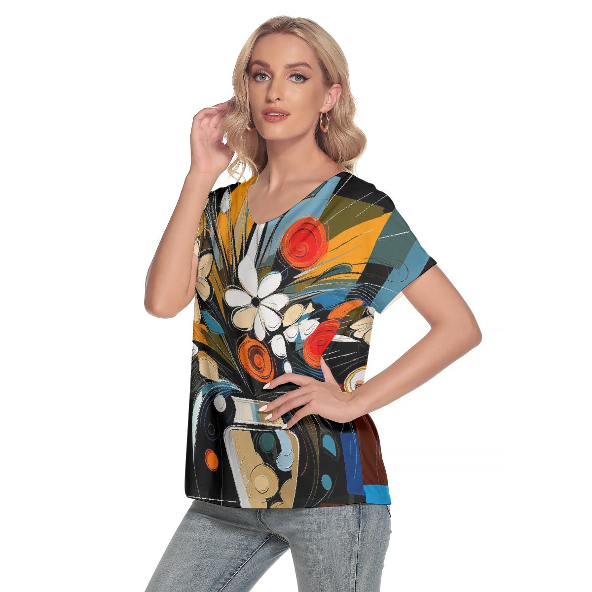 All-Over Print Women's Loose V-neck Short Sleeve T-shirt