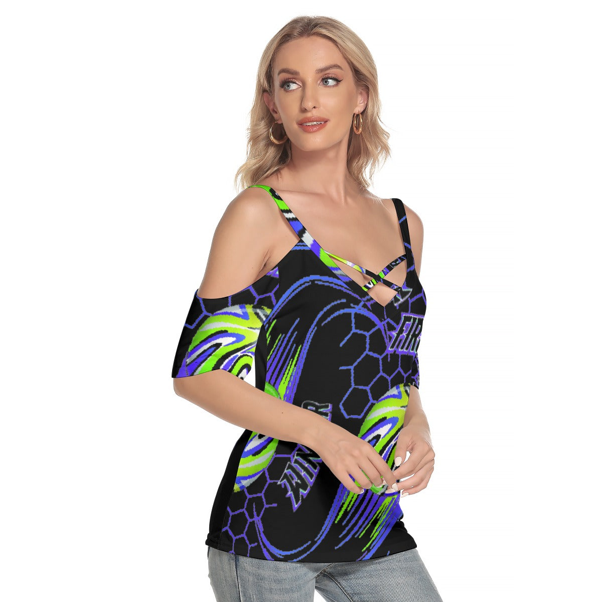 All-Over Print Women's Cold Shoulder T-shirt With Criss Cross Strips