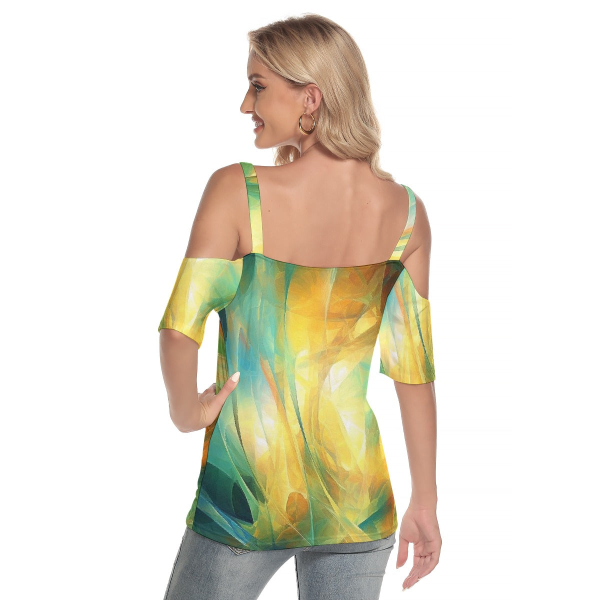 All-Over Print Women's Cold Shoulder T-shirt With Criss Cross Strips